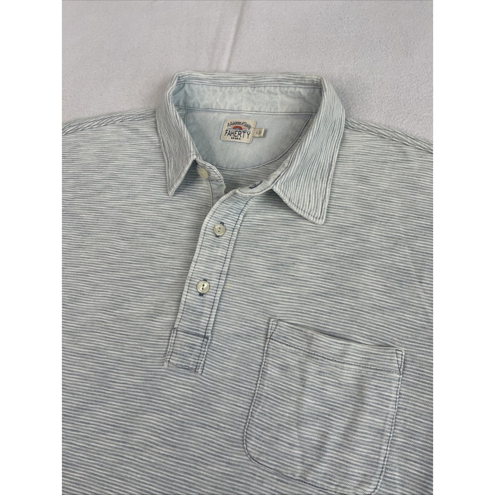 Faherty Mens Short Sleeve Bliss Polo Shirt Size L Striped Gray Cotton